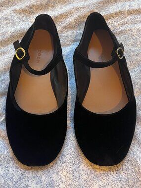 DÔEN Mary Jane Slipper Black Silk Velvet Flats Gold Buckle Leather